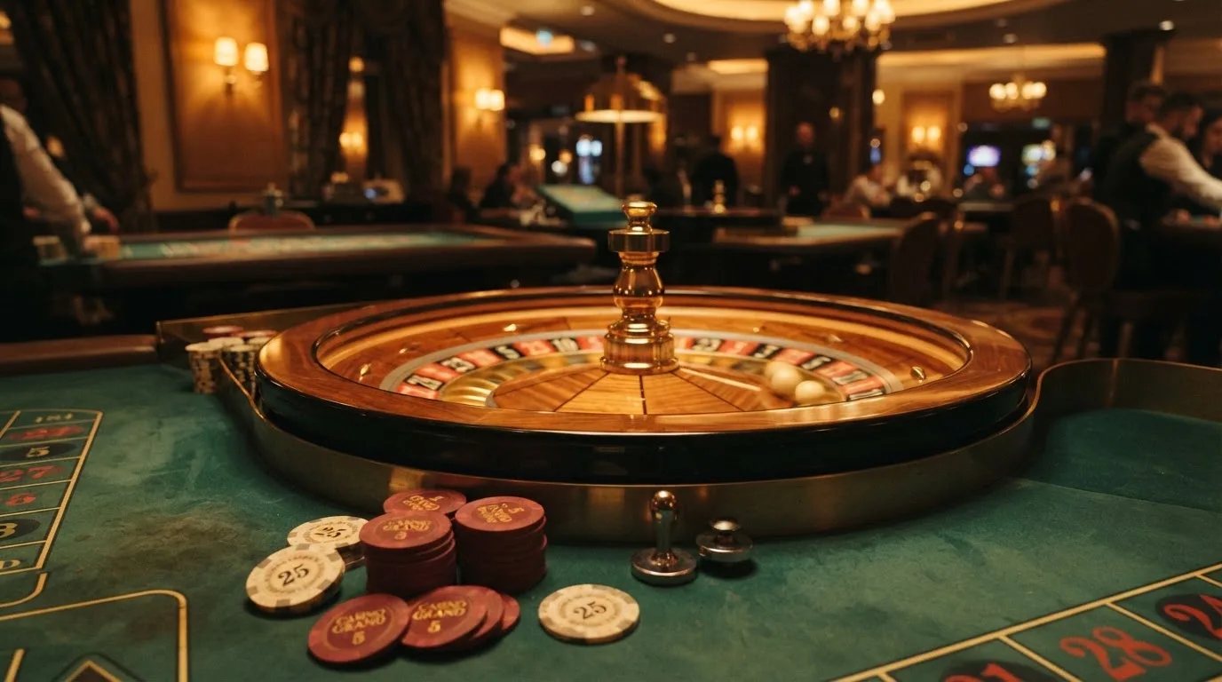 Roulettehjul och spelmarker på grön filt i varmt kvällsljus — 10 euro casino i sverige
