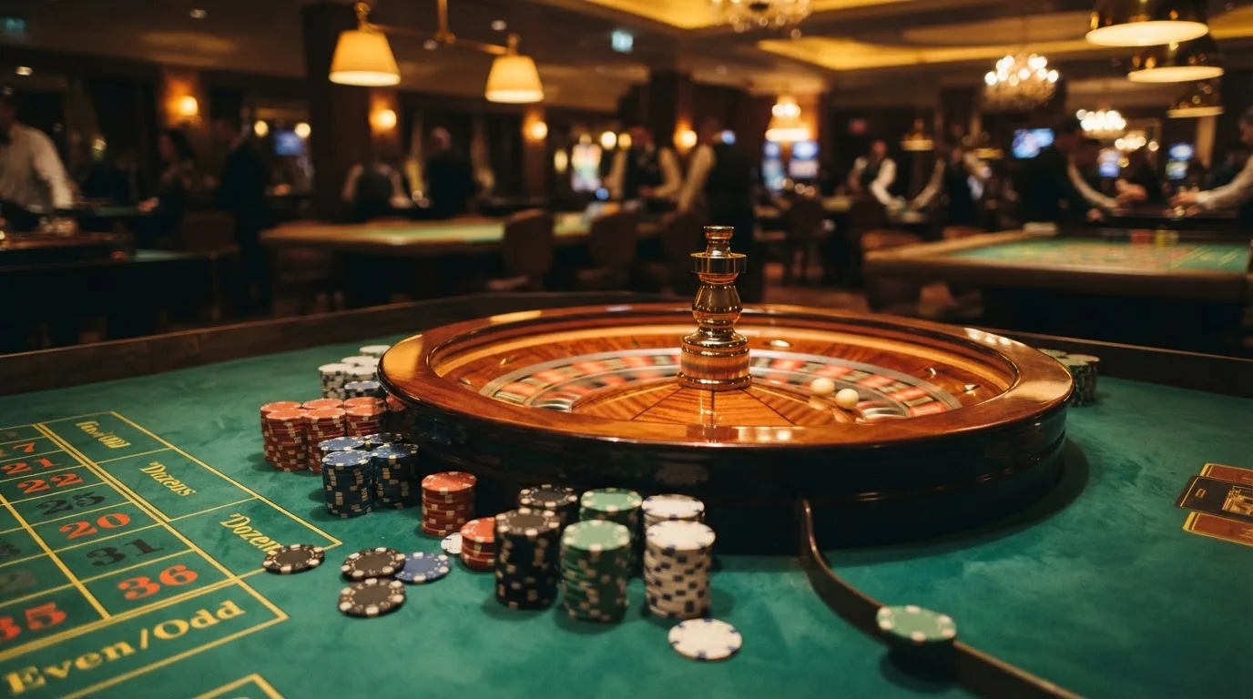 Roulettehjul och spelmarker på grön filt i varmt kvällsljus — 10 free spins casino i sverige