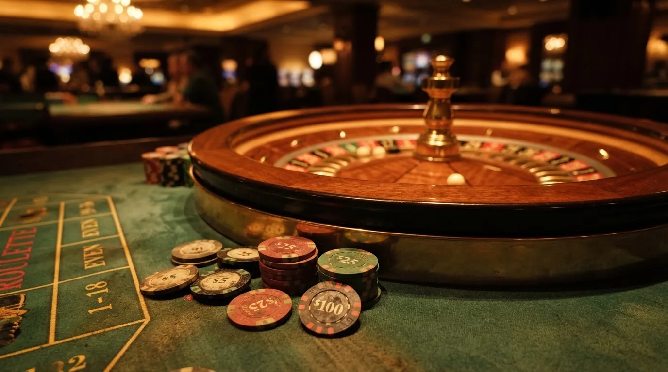 Roulettehjul och spelmarker på grön filt i varmt kvällsljus — 10 kr casino i sverige