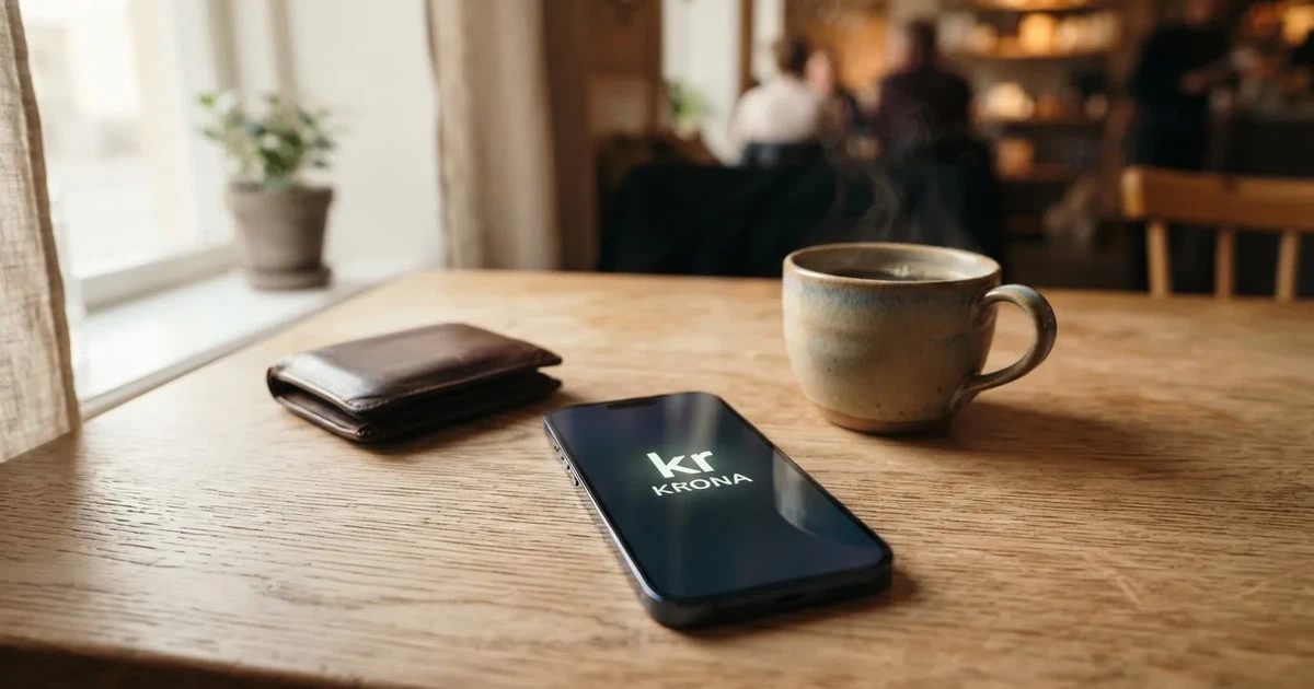 Mobiltelefon på ett träbord bredvid en plånbok och en kopp kaffe — 10 kr casino i sverige