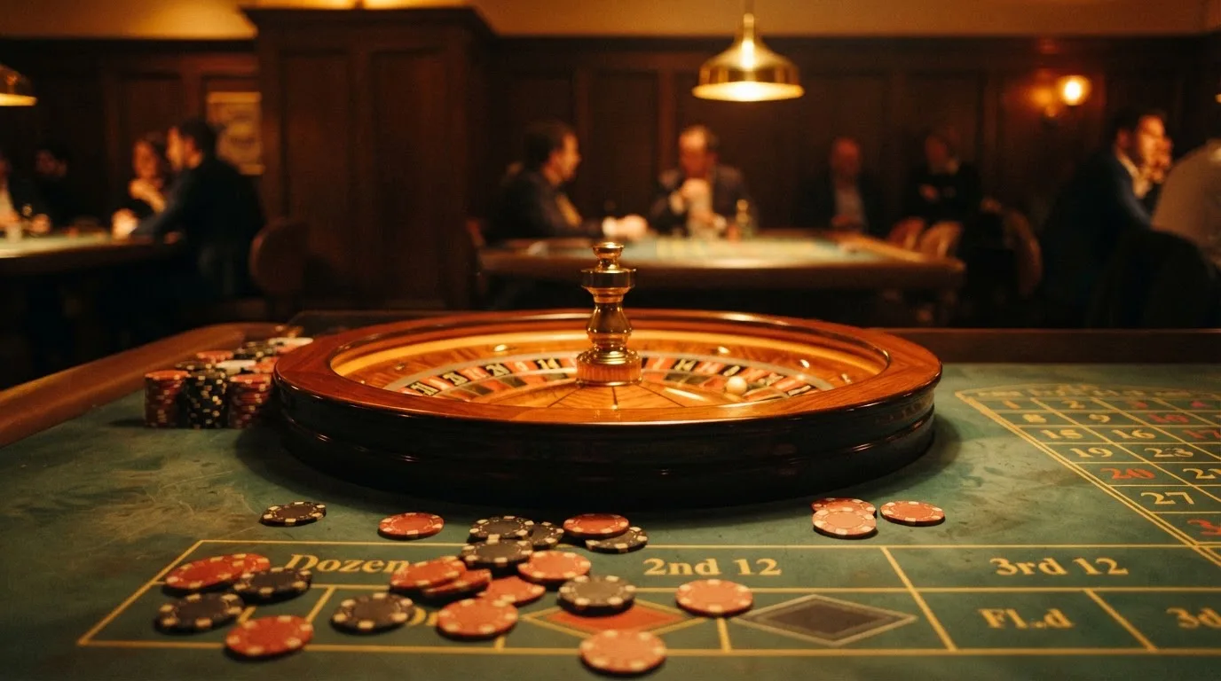 Roulettehjul och spelmarker på grön filt i varmt kvällsljus — 100 euro casino i sverige