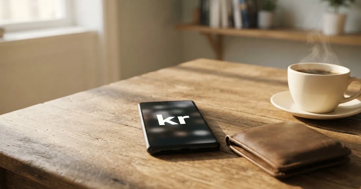 Mobiltelefon på ett träbord bredvid en plånbok och en kopp kaffe — 100 euro casino i sverige