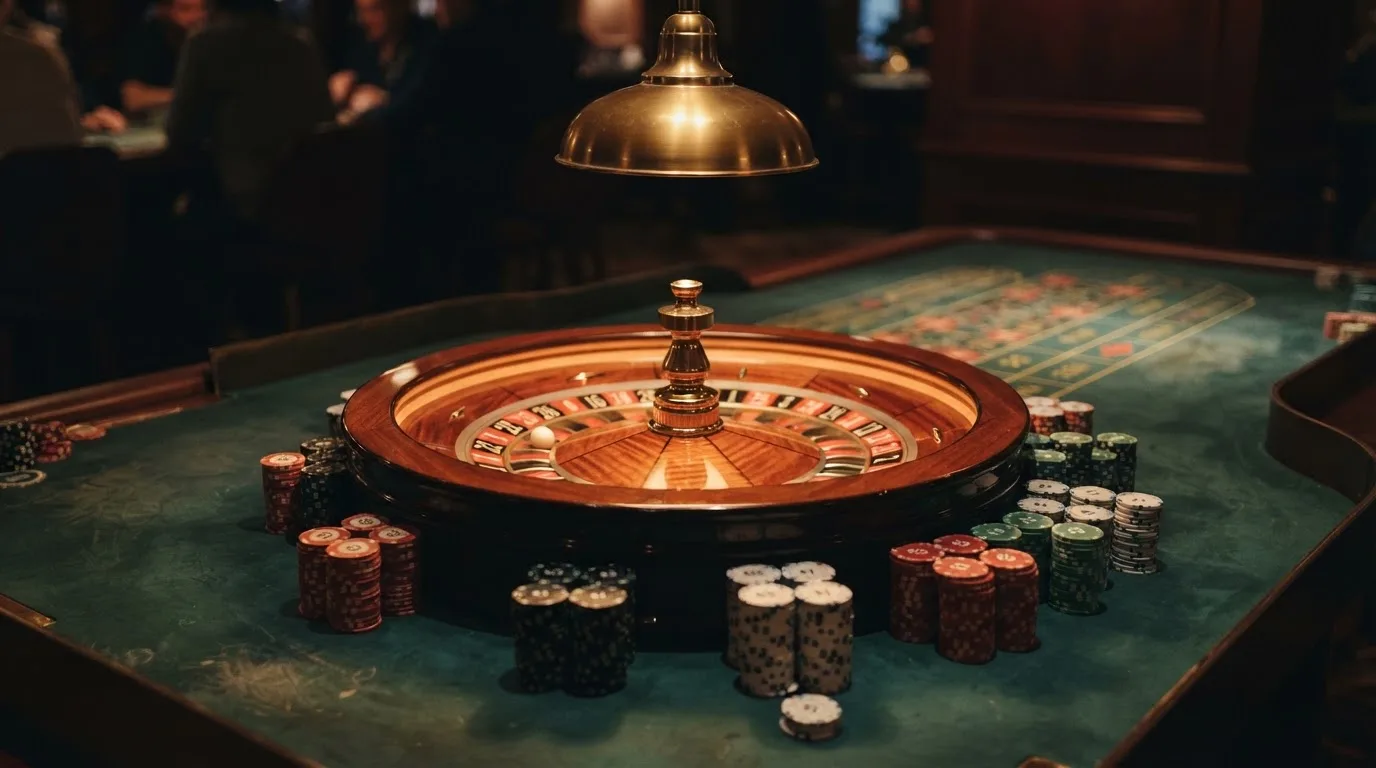 Roulettehjul och spelmarker på grön filt i varmt kvällsljus — 100 free spins casino i sverige