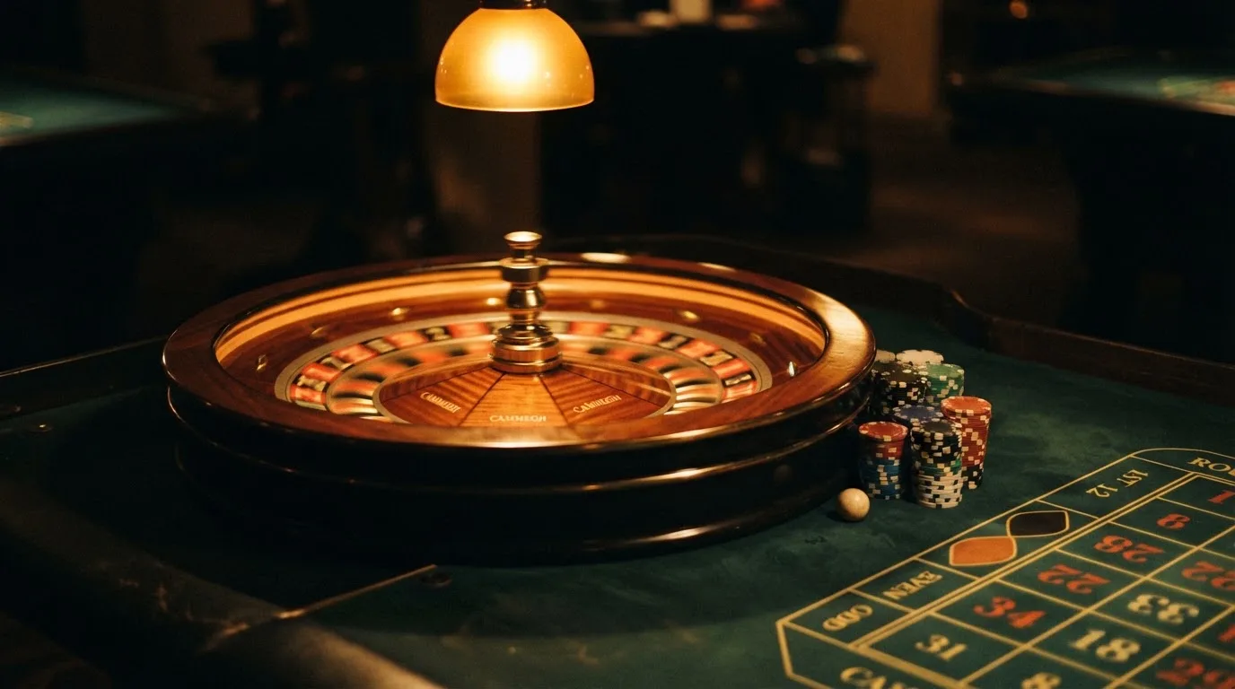 Roulettehjul och spelmarker på grön filt i varmt kvällsljus — 150 free spins casino i sverige