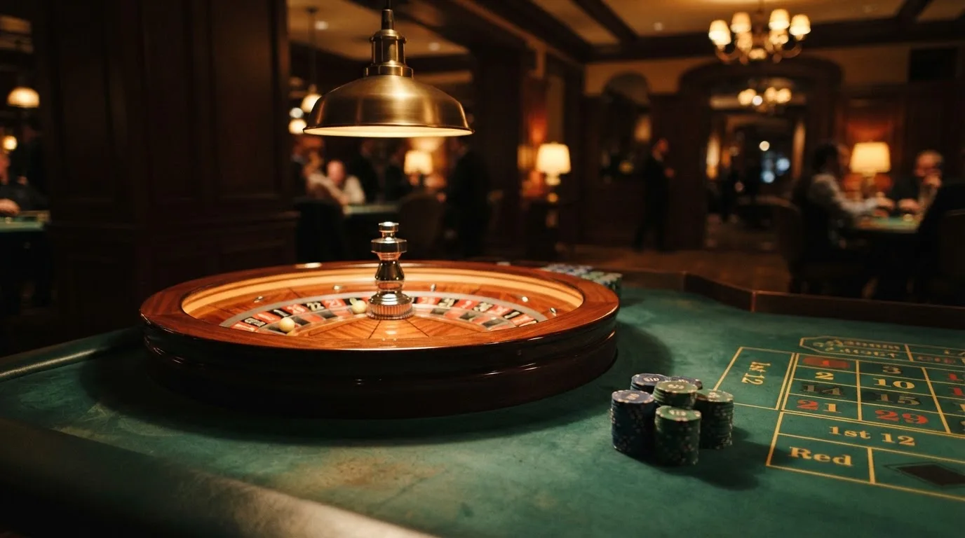 Roulettehjul och spelmarker på grön filt i varmt kvällsljus — bästa blackjack i sverige