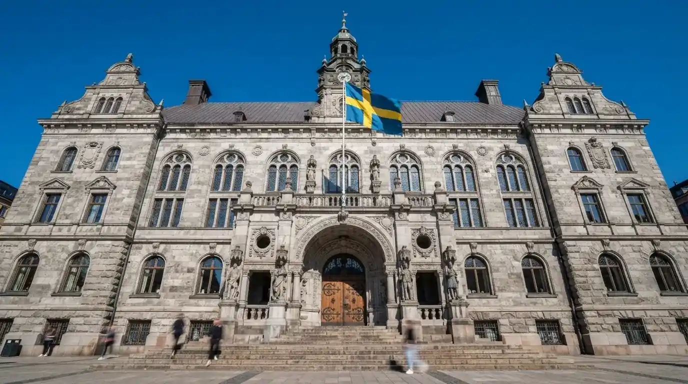 Ett gammalt stadshus i sten fotograferat underifrån mot en klarblå himmel, med den svenska flaggan som fladdrar ovanför entrén.