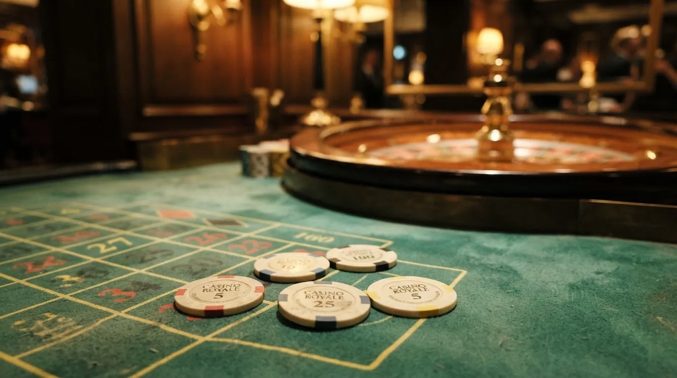 Roulettehjul och spelmarker på grön filt i varmt kvällsljus — blackjack gratis i sverige