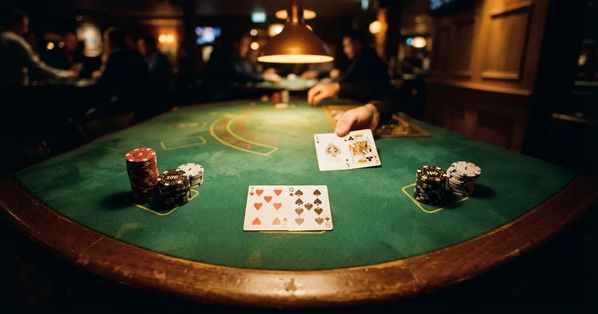Upplyst spelbord med kort, sett ovanifrån — blackjack gratis i sverige