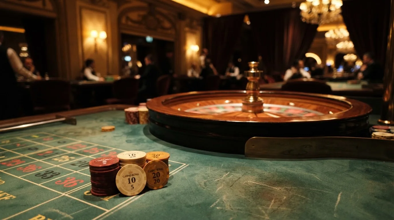 Roulettehjul och spelmarker på grön filt i varmt kvällsljus — blackjack med live dealer i sverige