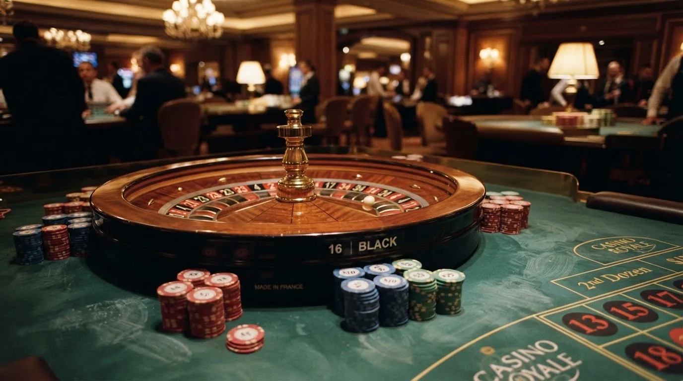 Roulettehjul och spelmarker på grön filt i varmt kvällsljus — blackjack på nätet i sverige