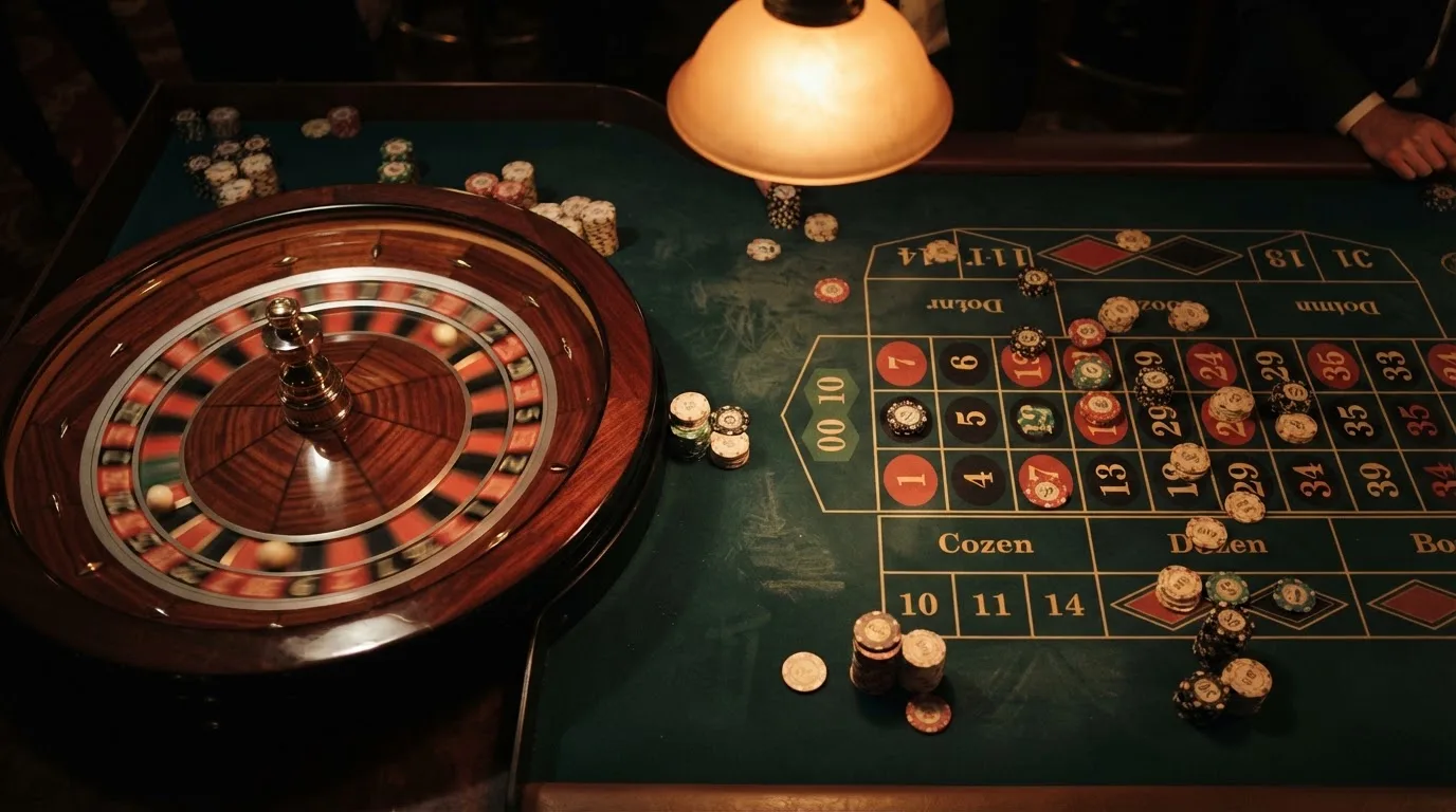 Roulettehjul och spelmarker på grön filt i varmt kvällsljus — bra svenska casinon