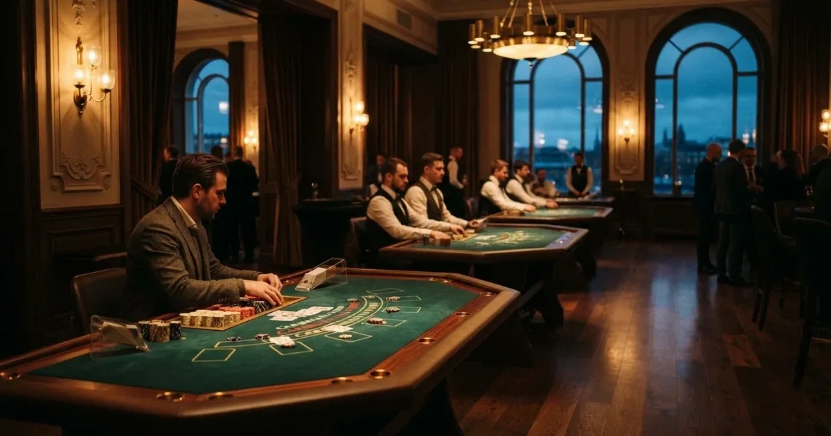 Tre olika spelbord bredvid varandra i en lugn, varmt upplyst spelsal — bra svenska casinon