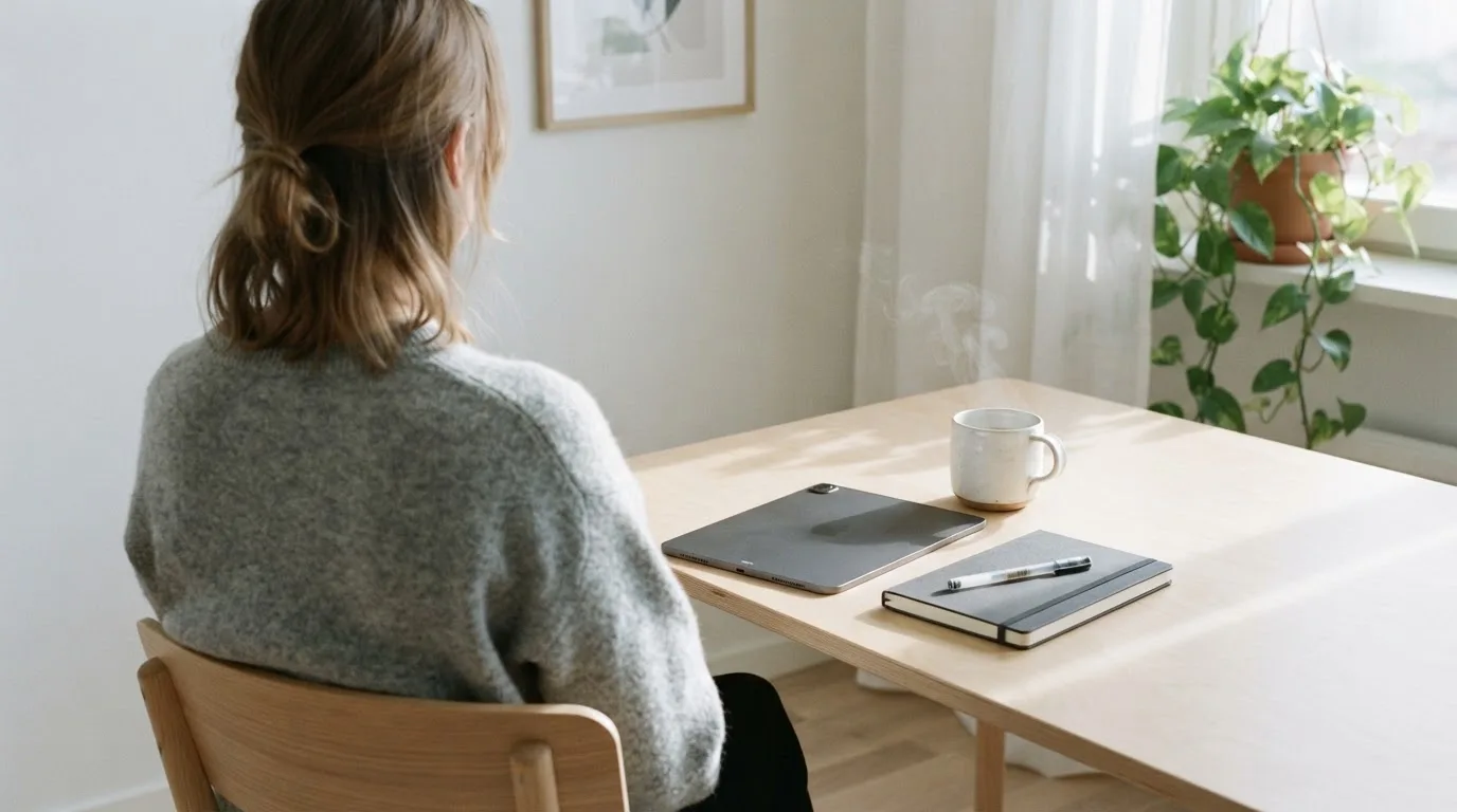 En person sitter vid ett skrivbord hemma med en surfplatta nedvänd bredvid en kopp kaffe i morgonljus.