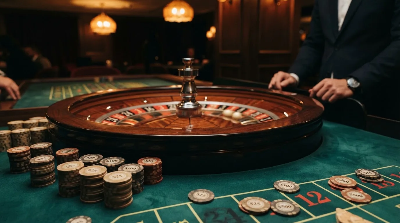 Roulettehjul och spelmarker på grön filt i varmt kvällsljus — casino regler för svenskar