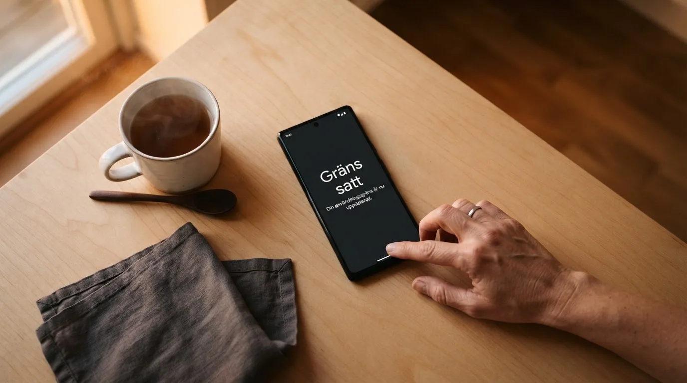 Hand håller en mobiltelefon bredvid en kopp te vid ett köksbord en lugn kväll — casino regler för svenskar
