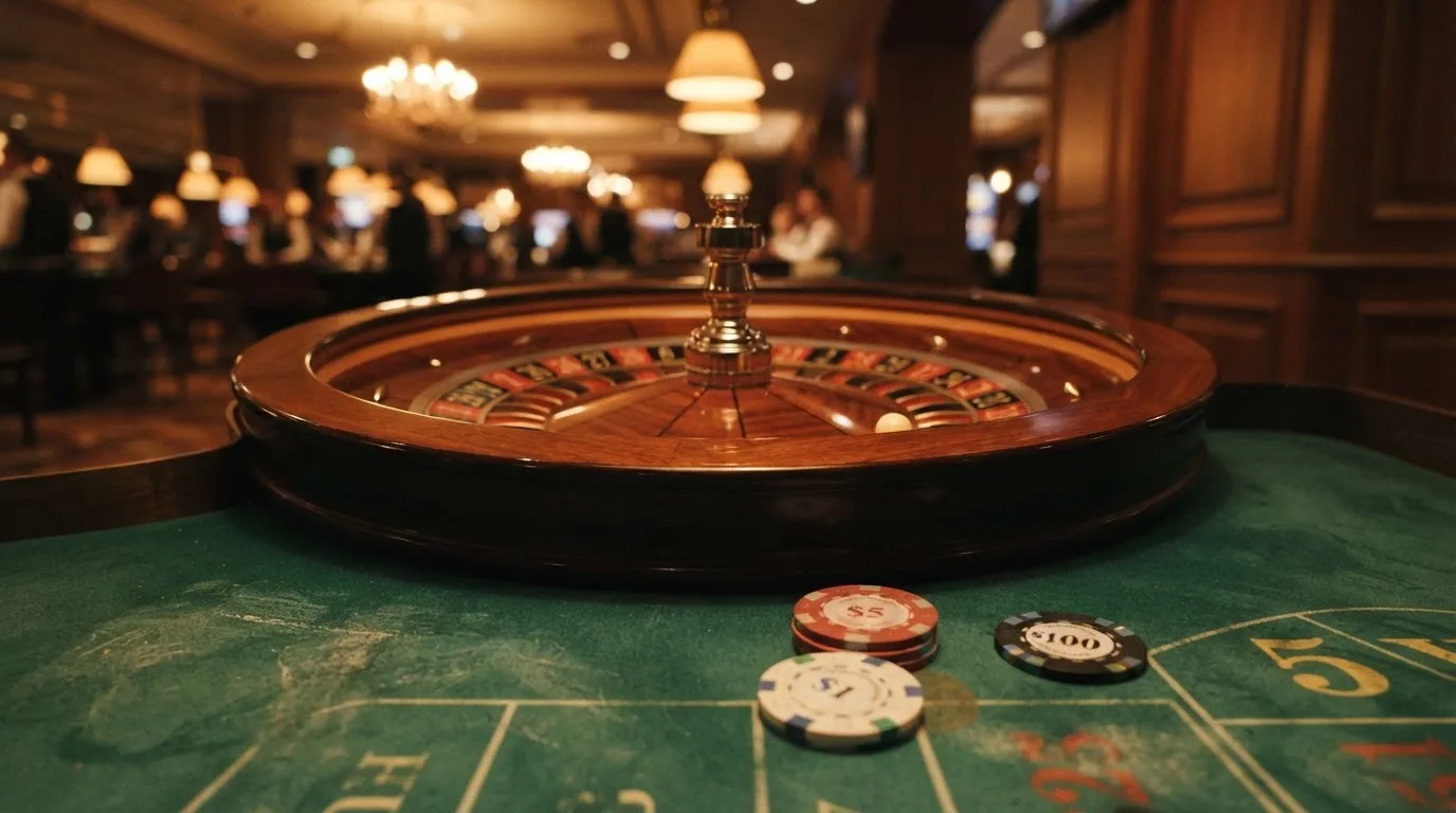 Roulettehjul och spelmarker på grön filt i varmt kvällsljus — casinon med bankid i sverige