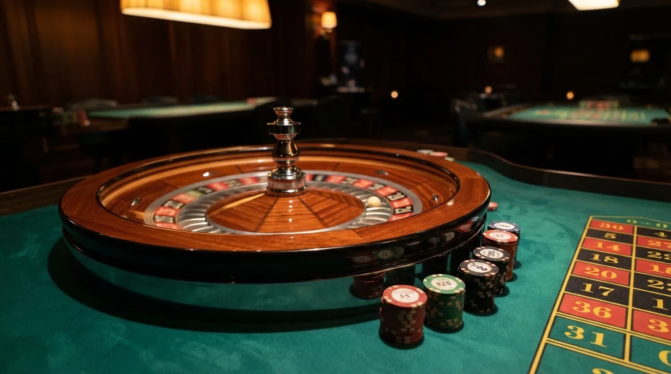 Roulettehjul och spelmarker på grön filt i varmt kvällsljus — casinon med curaçao licens