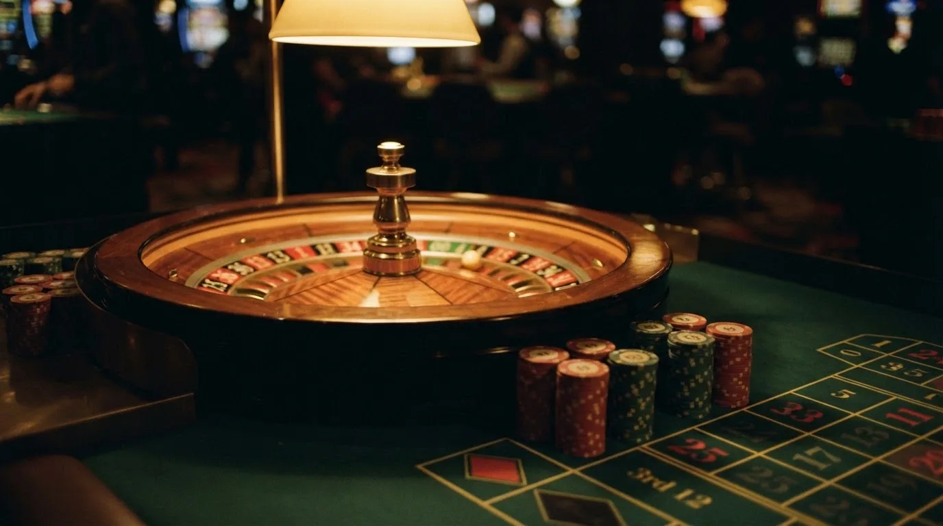 Roulettehjul och spelmarker på grön filt i varmt kvällsljus — casinon med jackpot i sverige