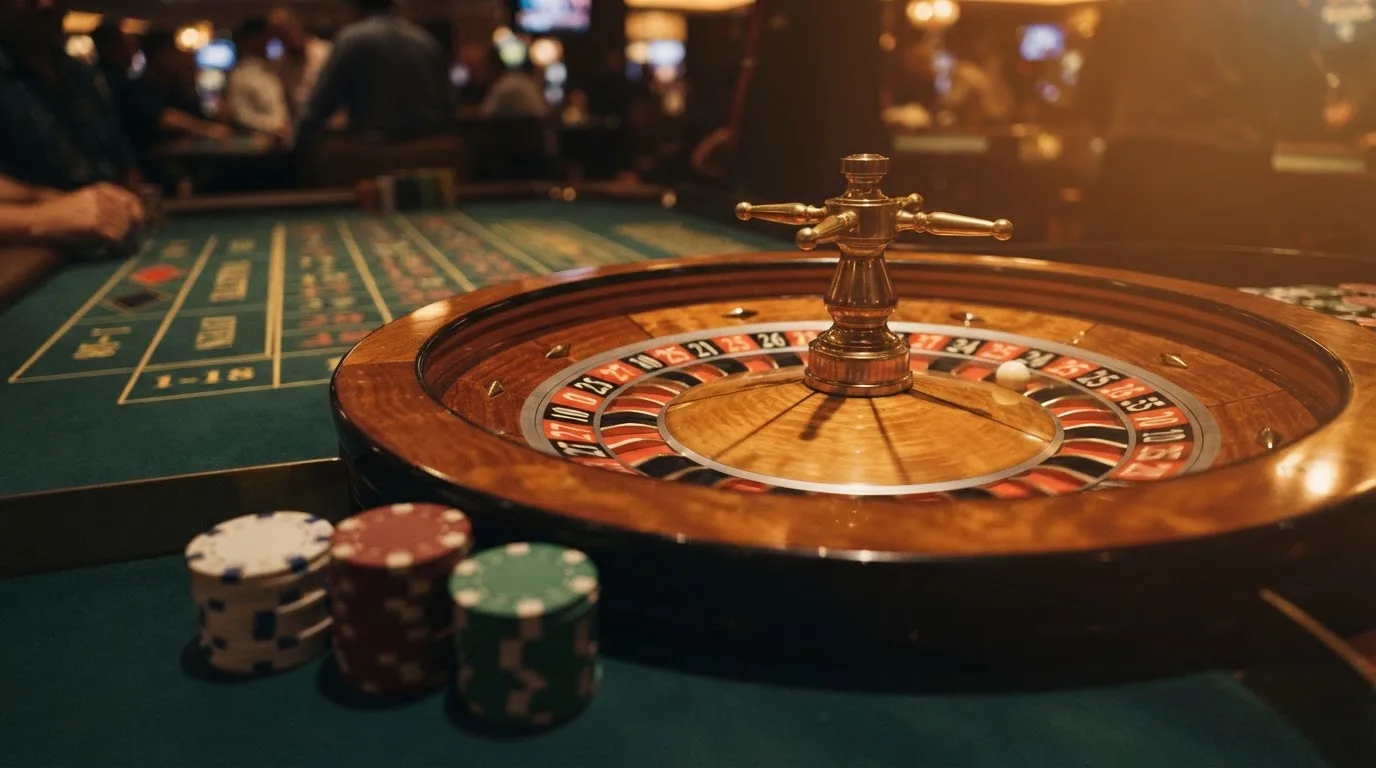 Roulettehjul och spelmarker på grön filt i varmt kvällsljus — casinon med slots i sverige