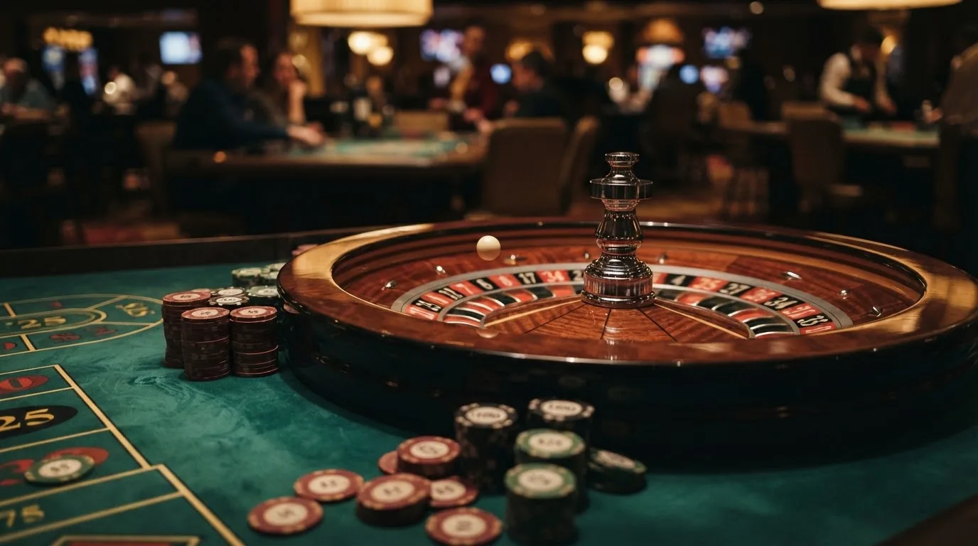 Roulettehjul och spelmarker på grön filt i varmt kvällsljus — casinon med uttag i sverige