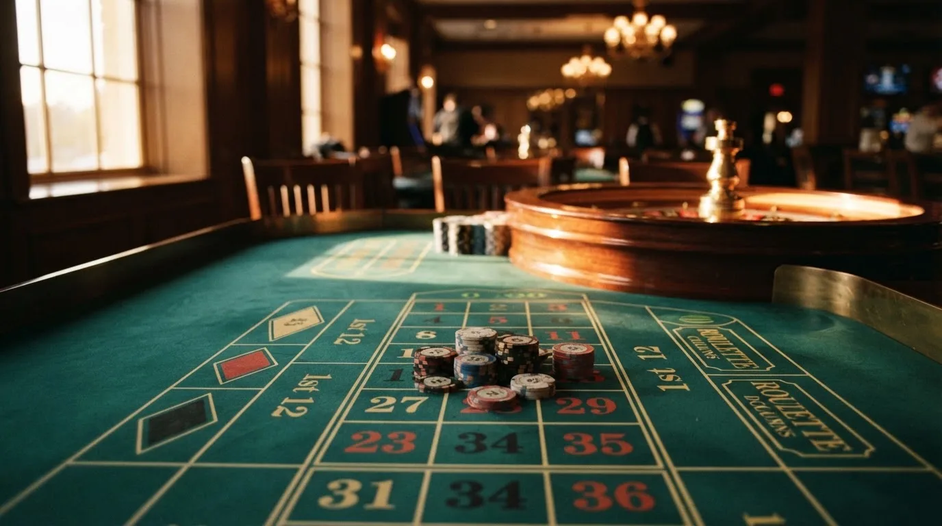 Roulettehjul och spelmarker på grön filt i varmt kvällsljus — casinon utan bankid i sverige
