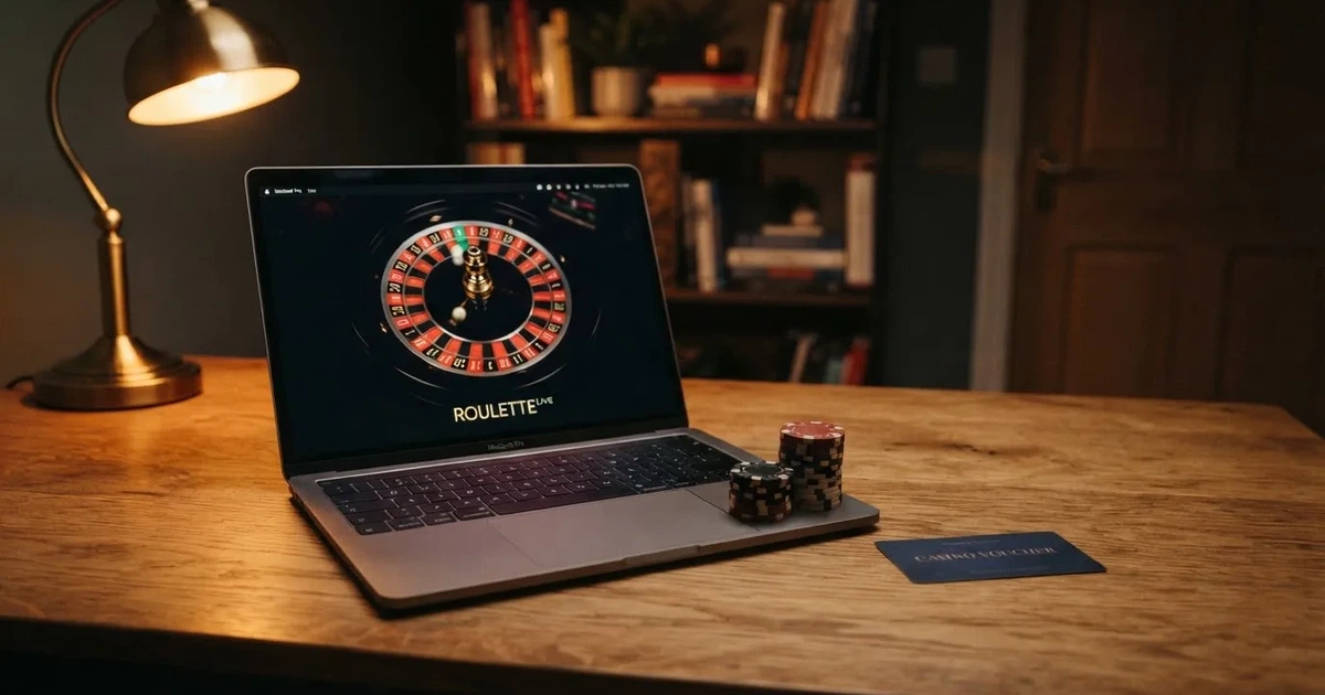 Hårdvaruplånbok och bärbar dator på ett skrivbord i dämpat ljus — casinon utan bankid i sverige