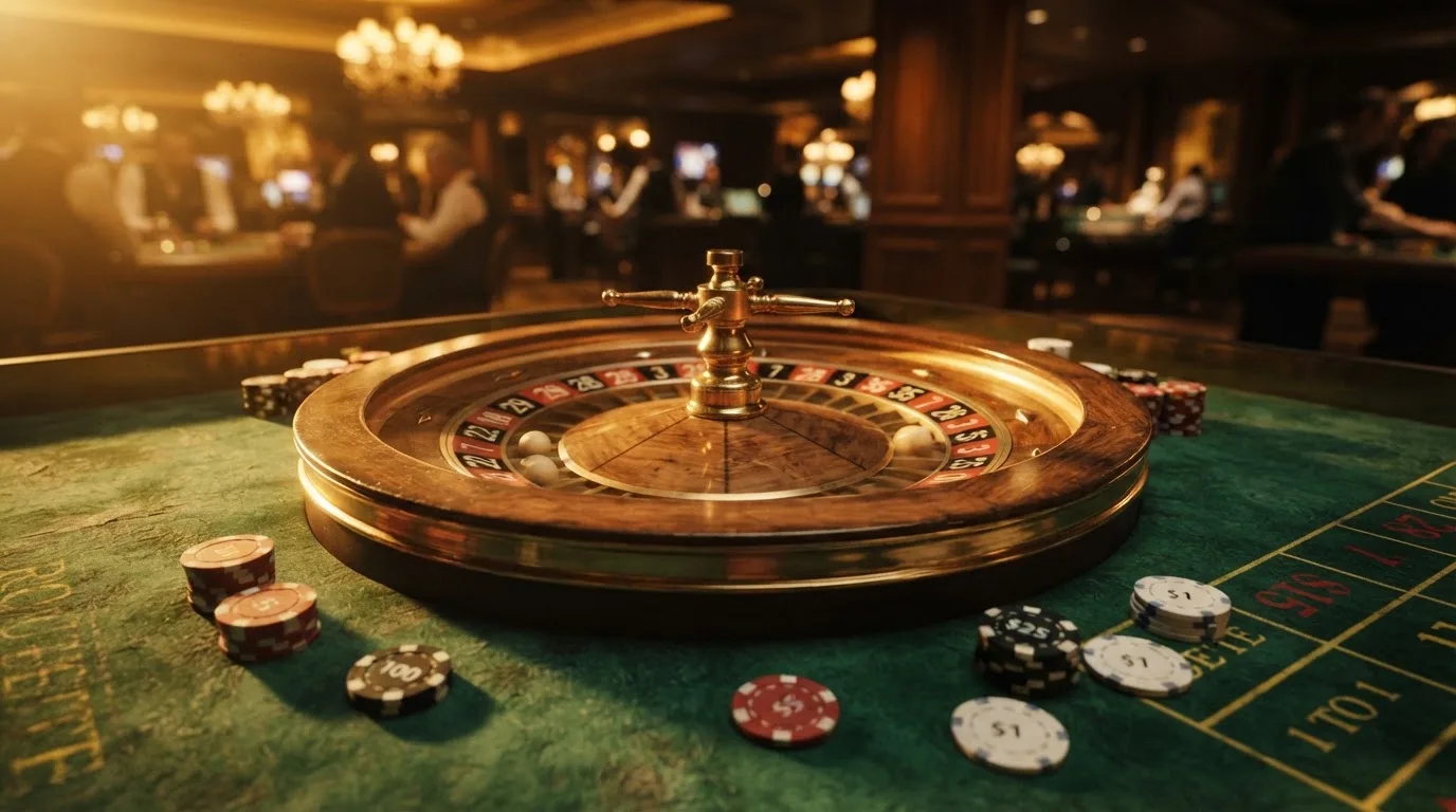 Roulettehjul och spelmarker på grön filt i varmt kvällsljus — casinon utan spelgräns i sverige