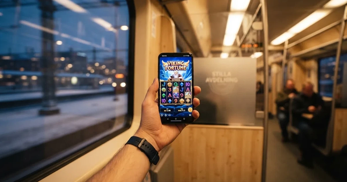 Mobiltelefon i handen på en pendeltåg i Stockholm en vinterkväll — mobil kasino i sverige