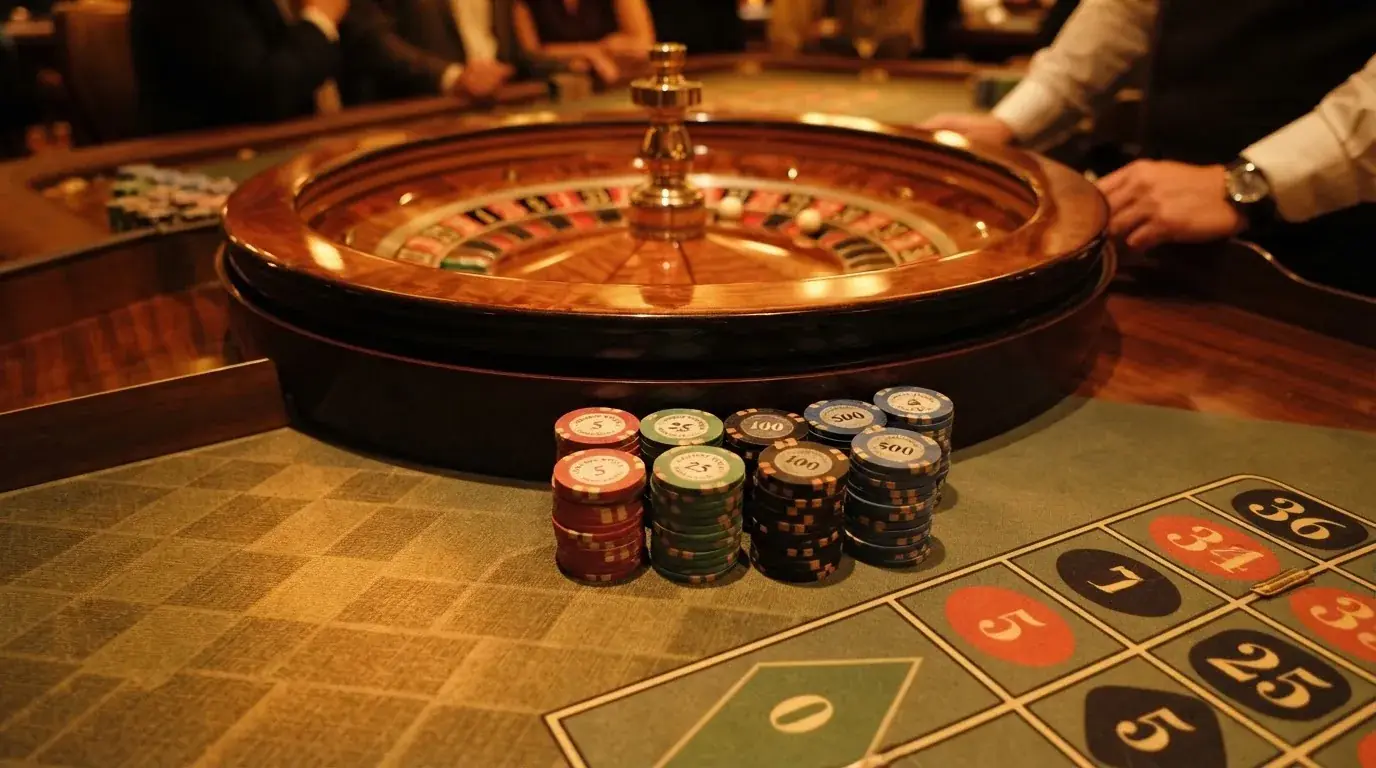 Roulettehjul och spelmarker på grön filt i varmt kvällsljus — svenska casinon med bitcoin