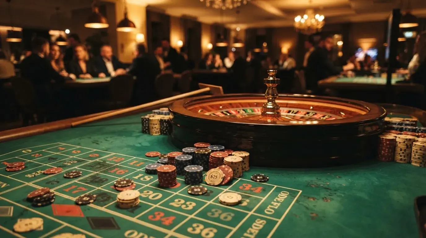 Roulettehjul och spelmarker på grön filt i varmt kvällsljus — svenska casinon med dogecoin