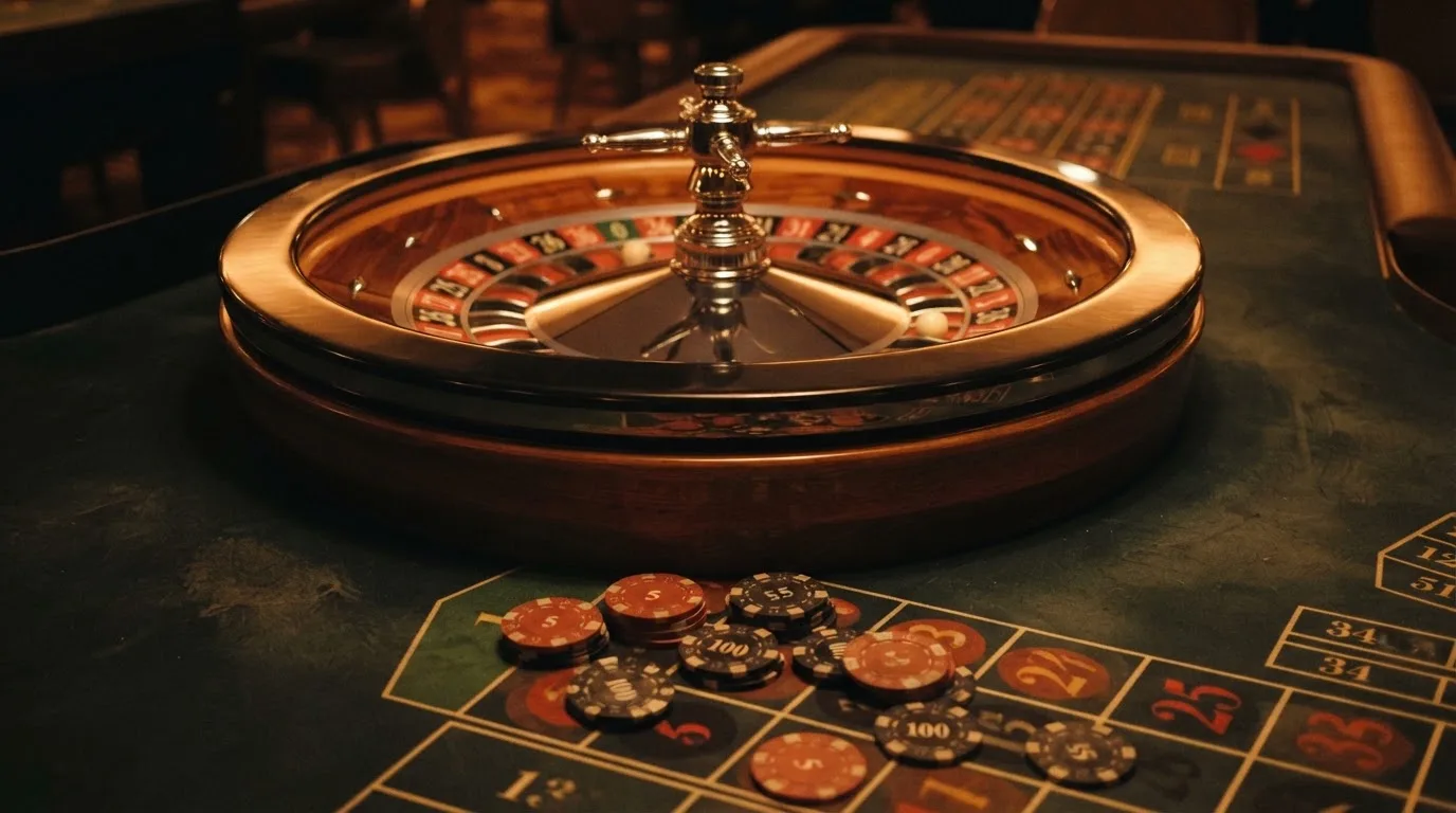 Roulettehjul och spelmarker på grön filt i varmt kvällsljus — svenska casinon på android