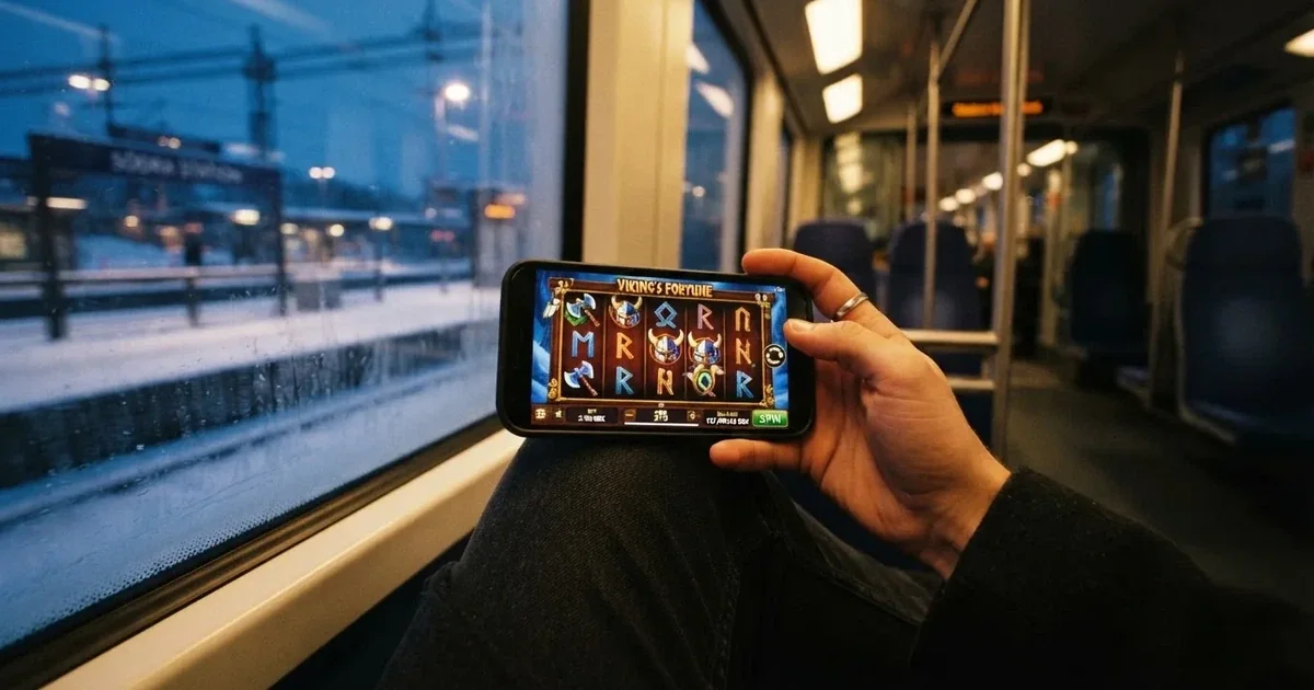 Mobiltelefon i handen på en pendeltåg i Stockholm en vinterkväll — svenska casinon på android